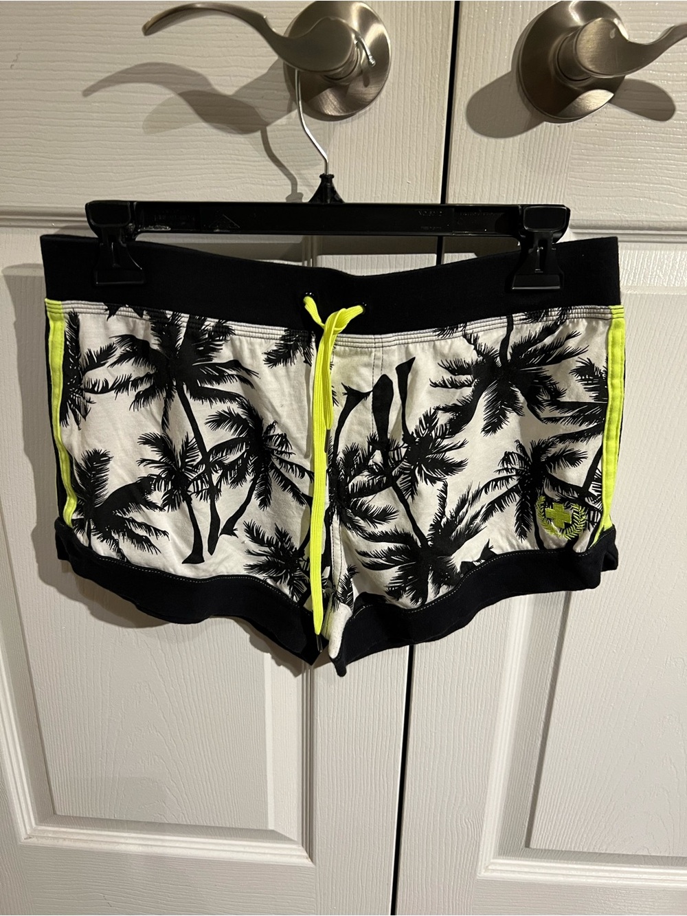 Andrew Christian Black & White Palm-Print Shorts with Neon Yellow Trim